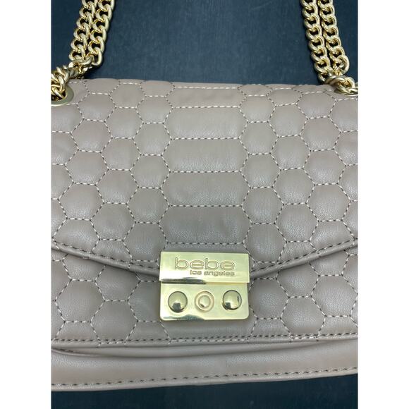 Bebe Quilted Flap Crossbody Double/Single Gold Chain Taupe Purse - Picture 2 of 11